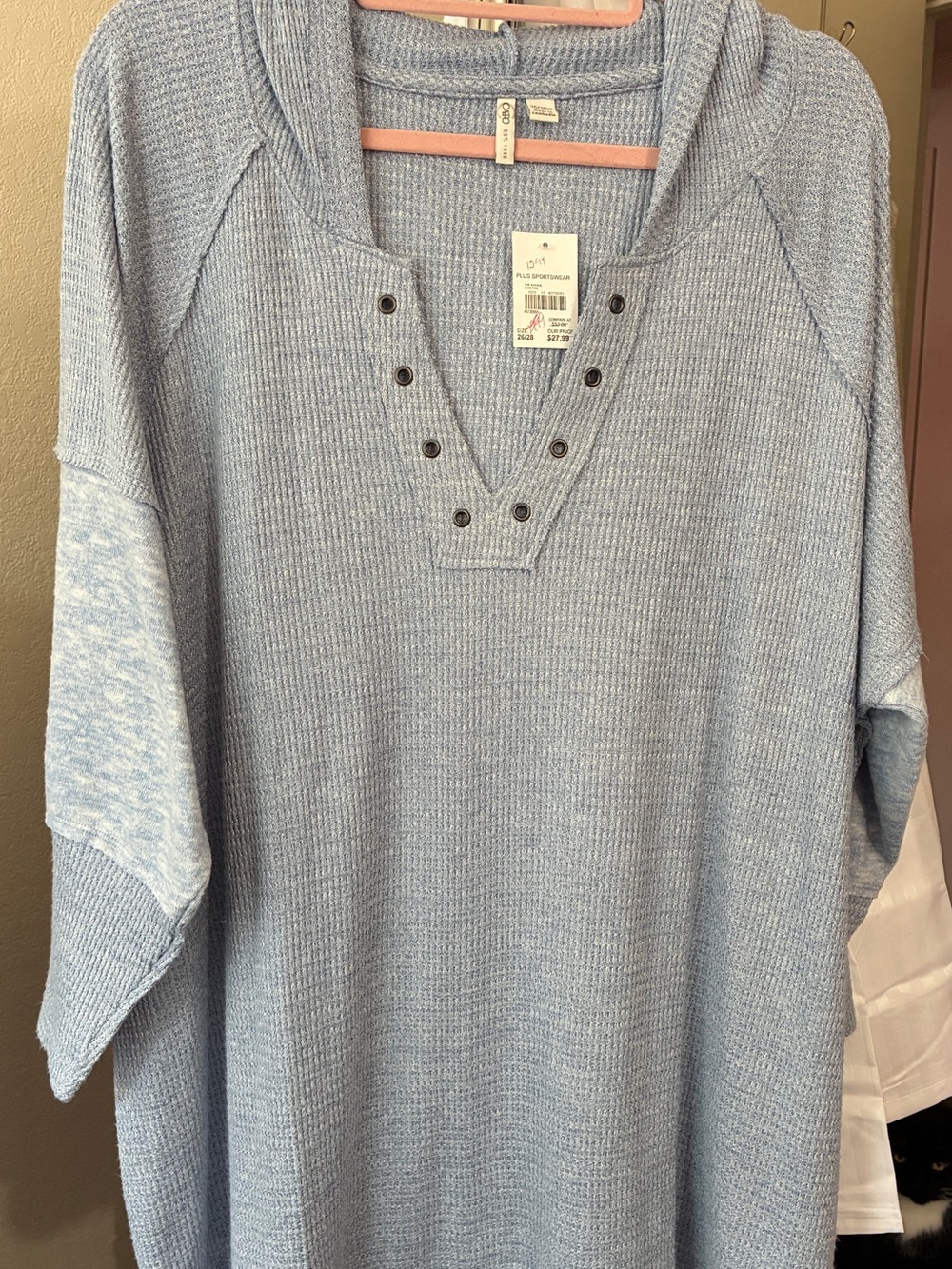 Cato Gray Hooded Waffle-Knit Top with Grommet V-Neck